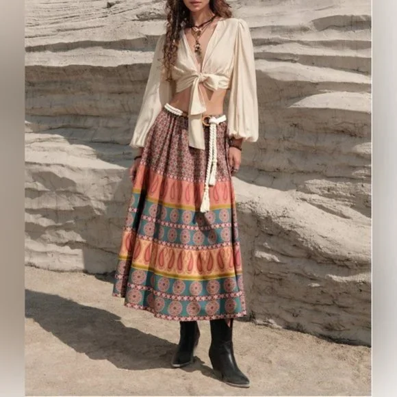 Boho Printed Western Midi Skirt With Belt - Picture 4 of 6